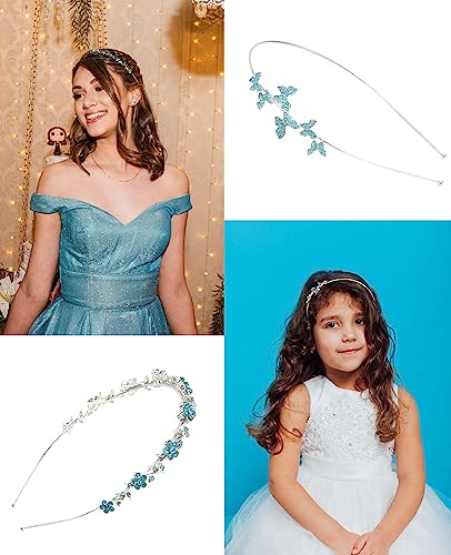 Wecoe 4 Pack Light Blue Rhinestone Bridal Headpieces - Crystal Butterfly Leaf Metal Headbands for Women, Girls, Flower Girls, Weddings & Gifts - color: Silver band & Turquoise blue rhinestones