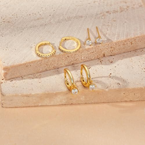 Freekiss 3 Pairs Hoop Earrings Set - Dainty Stud Dangle Cartilage for Women | Hypoallergenic Earrings, Cubic Zirconia Stackable Trendy Small Set Jewelry Gifts for Women - style: Rounded cz-GD