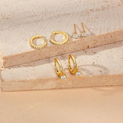 Freekiss 3 Pairs Hoop Earrings Set - Dainty Stud Dangle Cartilage for Women | Hypoallergenic Earrings, Cubic Zirconia Stackable Trendy Small Set Jewelry Gifts for Women - style: Rounded cz-GD