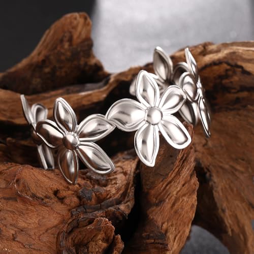 YWMAN Silver Flower Cuff Bracelet, Metallic Floral Chunky Bracelet for Women - color: Flower 2