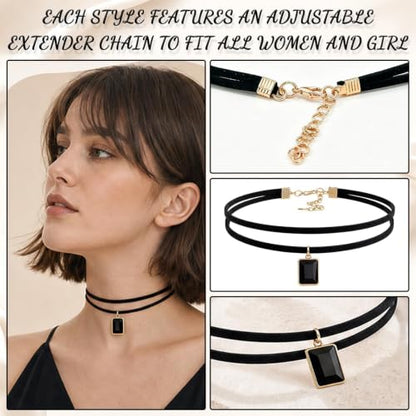 10PCS Choker Necklace - Black Gothic Y2k Tattoo Chokers - Velvet Leather Lace Chocker Set - Adjustable Stretchy Layered Collar Necklace