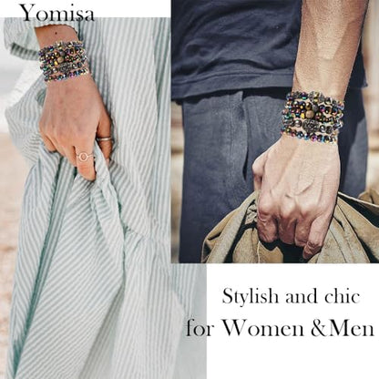 Yomisa 5PCS 6PCS Natural Boho Beaded Bracelets/Bangle for Women Men,Healing Turquoise Jasper Agate Crystal Gemstone Stone Chakra Multilayer Wrap Bohemian Handmade Jewelry Beads Stretch Bracelet Set - color: 5PCS-hematite