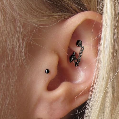 3 Pcs 316L Stainless Steel 16G Tragus Helix Rook Piercing Jewelry with Chain, Cartilage Earrings for Women, Belly Button Ring Vertical Labret Lip Piercing Jewelry - color: Black, size: Cone