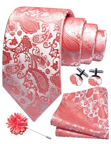 GUSLESON 3.15"（8cm） Mens Paisley Tie and Lapel Pin Necktie Hankerchief Cufflinks Set for Men - color: Coral