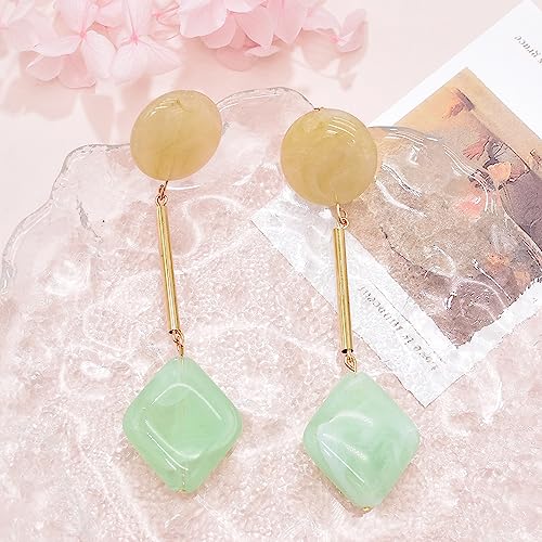 Acrylic Geometric Earrings Round Square Resin Earrings Lightweight Drop Earrings Resin Acetate Drop Dangle Hoop Earrings Long Tassel Fashion Jewelry Hollow Marble Design for Women - color: Green