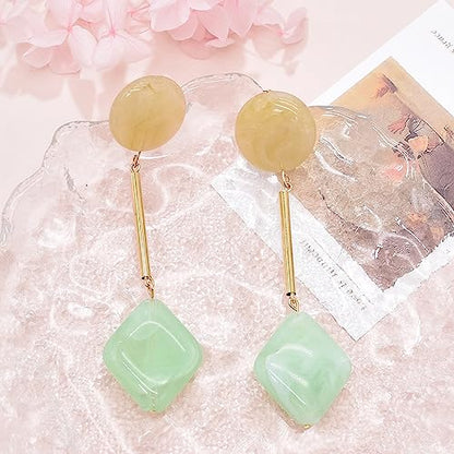 Acrylic Geometric Earrings Round Square Resin Earrings Lightweight Drop Earrings Resin Acetate Drop Dangle Hoop Earrings Long Tassel Fashion Jewelry Hollow Marble Design for Women - color: Green