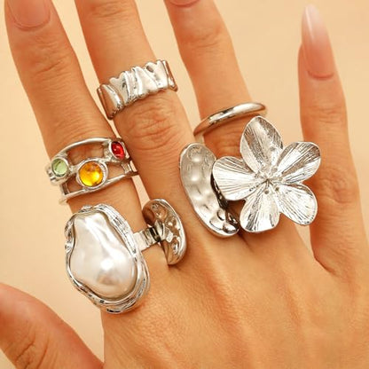 3/6 PCS Silver Chunky Pearl Rings Set for Women Gold Baroque Pearl Flower Open Ring Adjustable Crystal Large Ring Set Personalized Statement Knuckle Rings Fashion Costume Jewelry Accessories - color: crystal silver