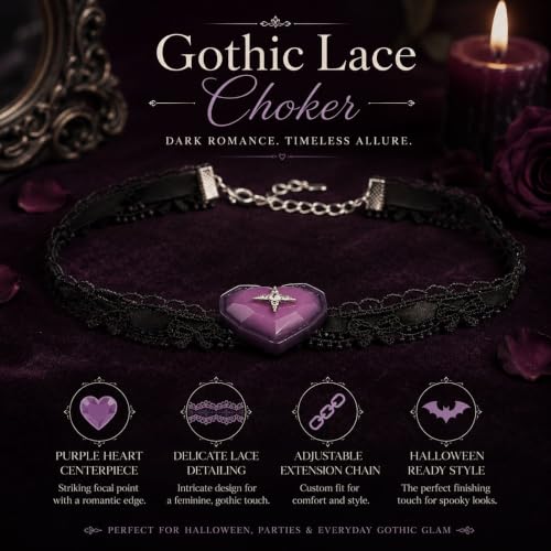 Halloween Gothic Choker Necklace for Women Black Lace Choker Purple Heart Pendant Adjustable Halloween Costume Jewelry Party Accessories - color: A: black lace