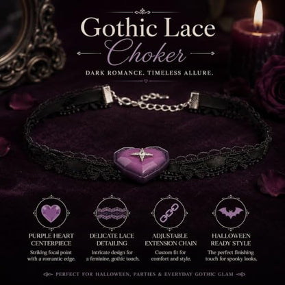 Halloween Gothic Choker Necklace for Women Black Lace Choker Purple Heart Pendant Adjustable Halloween Costume Jewelry Party Accessories - color: A: black lace