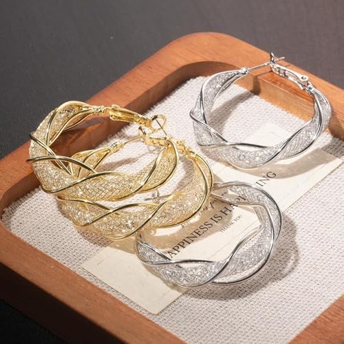 Luxury 14K Gold Plated Brass Hoop Earrings for Women, 3D Metal Mesh with Sparkling Diamonds, Lightweight Twisted Circle Design (33mm), Stylish Daily Jewelry