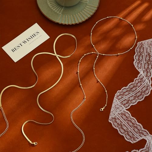 Coshilta Gold Waist Chain for Women, 14K Gold Plated Layered Belly Belt Chains Beach Waist Beads Chain Waterproof Herringbone Snake Body Chain Summer Stack Jewelry Accessories for Women