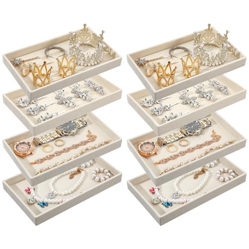 8 Pcs Small Velvet Jewelry Tray Stackable Jewelry Drawers Organizer Trays Jewelries Storage Trays 8.3 x 4.7 x 1 Inches (Beige)