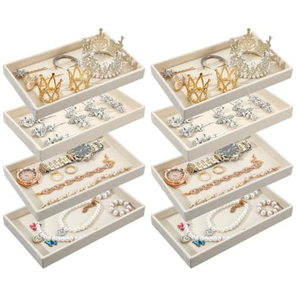 8 Pcs Small Velvet Jewelry Tray Stackable Jewelry Drawers Organizer Trays Jewelries Storage Trays 8.3 x 4.7 x 1 Inches (Beige)