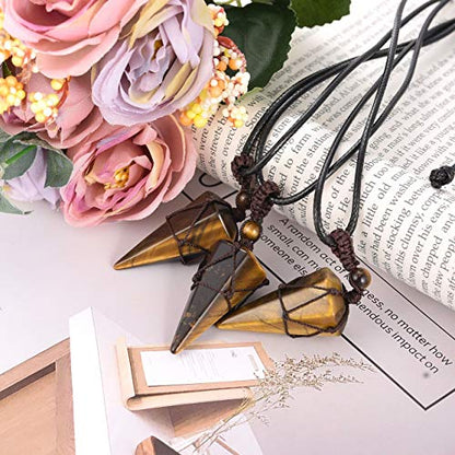 Top Plaza Mens Necklace, Crystal Gemstone Protection Pendant Necklace | Healing Crystals Necklace for Men Adjustable 6 Facet Pointed Necklace Energy Natural Quartz Protect Jewelry Gifts - color: Yellow - Tiger Eye Stone