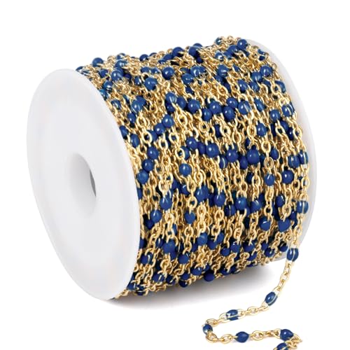 33FT 2mm Gold Cable Chains Navy Blue Enamel Chains Bulk for Jewelry Making | 18K Gold PVD Plated Stainless Steel Enamel Beaded Chains Roll for Necklace Bracelet - color: Gold Navy Blue Beads
