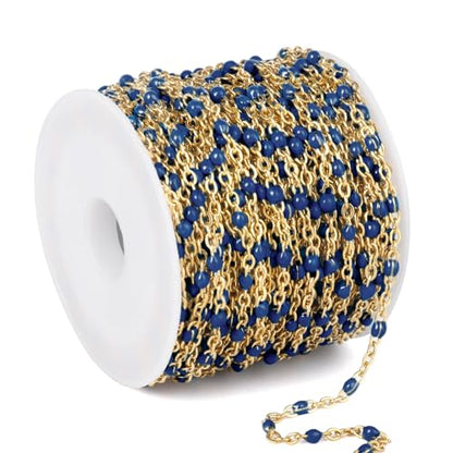 33FT 2mm Gold Cable Chains Navy Blue Enamel Chains Bulk for Jewelry Making | 18K Gold PVD Plated Stainless Steel Enamel Beaded Chains Roll for Necklace Bracelet - color: Gold Navy Blue Beads