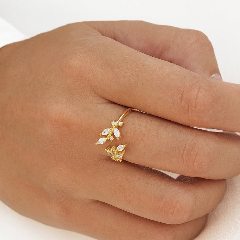 Gold Rings Non Tarnish Silver Adjustable Rings for Women Cubic Zirconia Leaf Ring Dainty Silver Stackable Ring for Women - style: gold