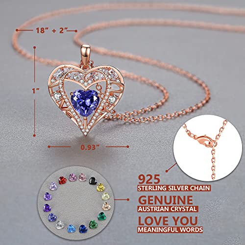5 Heart I Love You Necklace for Women, Birthstone Crystal Pendant, Birthday Gift for Her, Wife, Mom, Rose Gold or Gunmetal Plated, 925 Sterling Silver Chain 18"+2" - color: 12-December-Tanzanite Purple-Rose Gold Plated
