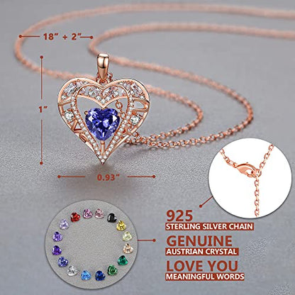 5 Heart I Love You Necklace for Women, Birthstone Crystal Pendant, Birthday Gift for Her, Wife, Mom, Rose Gold or Gunmetal Plated, 925 Sterling Silver Chain 18"+2" - color: 12-December-Tanzanite Purple-Rose Gold Plated