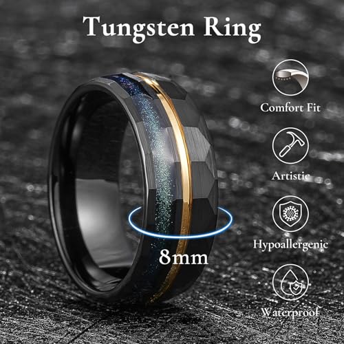 King Will Black Tungsten Rings for Men Hammer Wedding Band | Black, Grooved, Hammer Wedding Band Gold Groove, Sand Inlay, Everyday Wear - color: Black & Blue Green Sand Inlay
