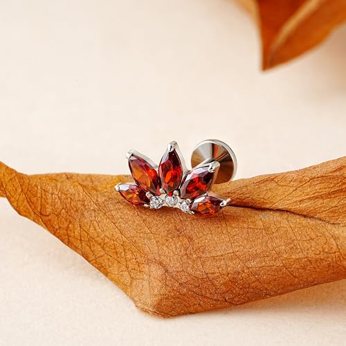 FINE4U 1PC ASTM F136 Titanium 16G Flatback Stud for Tragus, Helix, Conch 6mm 8mm - Screw on Cartilage Earring Piercing Jewelry - color: Flower CZ - Garnet - Tit