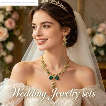 Kamirola Women's Wedding Jewelry Leaf Cluster Flower Crystal Dangle Earrings Pendant Necklace Set for BridalCrystal Bridal Jewelry Set - color: Gold & Green