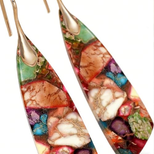Boho Natural Imperial Jasper Teardrop Dangle Earrings for Women – Hypoallergenic French Hook Stone Drop Earrings Jewelry - color: Colorful Golden Hook