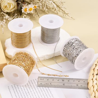 SMYHTGLIF 32.8 Feet Thin Cable Chain for Jewelry Making Craft Jewelry Chain | Gold Stainless Steel Bulk Chain Rolo Chain Roll Permanent Jewelry - color: Rolo Gold