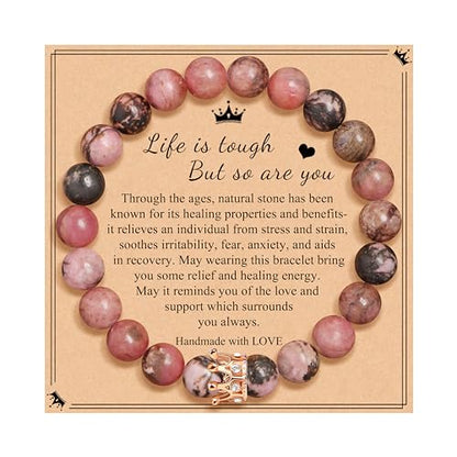 JoycuFF Woman Birthday Gifts Idea Friendship Gifts For Women Best Friends Besties Aunt Female Mom Daughter Granddaughter Gf Anniversary Christmas Graduation Healing Stone Crown Gifts For Her - style: 4.Life Is Tough But So Are You-Pink Black Rhodonite