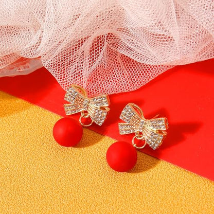 Pearl Bow Earrings for Women Coquette Aesthetic Jewelry Rhinestone Bow Earrings for Bridesmaids Wedding Party Accessories Bridal Costume Accents Bowknot Themed Gifts - color: C1: Red Pearl Bow Earrins
