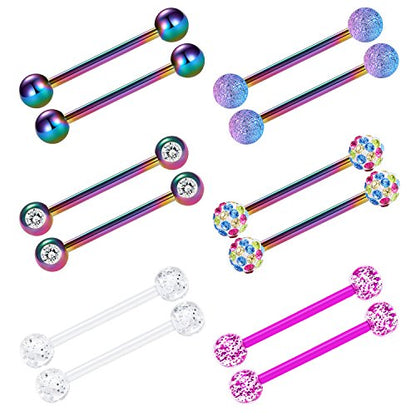 VCMART 12mm-18mm 14G Tongue Rings Nipple Straight Barbells Surgical Steel Body Piercing Jewelry - style: Style E2 -12pcs, rainbow