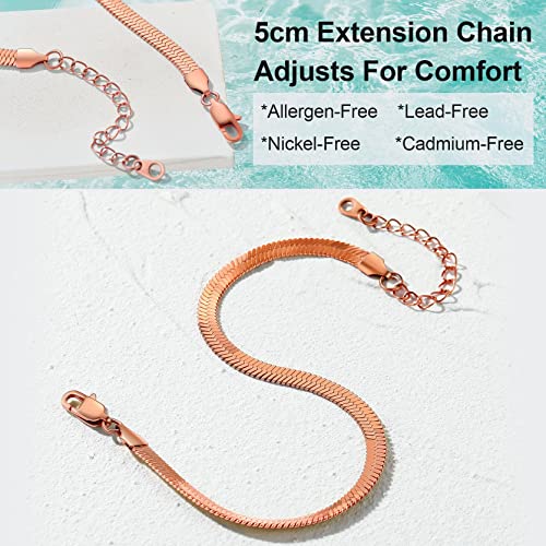 Adjustbale Link Chain Anklet for Women Summer Jewelry, 316L Stainless Steel Figaro/Wheat/Twist Rope/Cuban Foot Bracelet-Waterproof, Resizable 9"-12" (Gift Box Included) - color: 6, Herringbone - Rose Gold-5mm