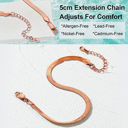 Adjustbale Link Chain Anklet for Women Summer Jewelry, 316L Stainless Steel Figaro/Wheat/Twist Rope/Cuban Foot Bracelet-Waterproof, Resizable 9"-12" (Gift Box Included) - color: 6, Herringbone - Rose Gold-5mm