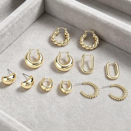 6 Pairs 14K Gold Plated Hoop Earrings Set for Women - Chunky Geometric & Twisted Huggie Hoops, Hypoallergenic Lightweight Earrings Bundle, Trendy Stackable Jewelry for Everyday Wear