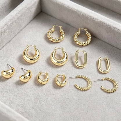 6 Pairs 14K Gold Plated Hoop Earrings Set for Women - Chunky Geometric & Twisted Huggie Hoops, Hypoallergenic Lightweight Earrings Bundle, Trendy Stackable Jewelry for Everyday Wear