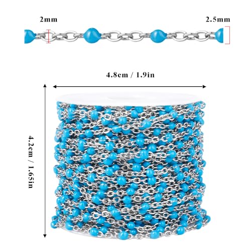 33FT 2mm Stainless Steel Light Blue Enamel Chains Bulk for Jewelry Making | 304 Stainless Steel Enamel Beaded Cable Chains Roll Spool for Necklace Bracelet Craft - color: Stainless Steel Light Blue Beads