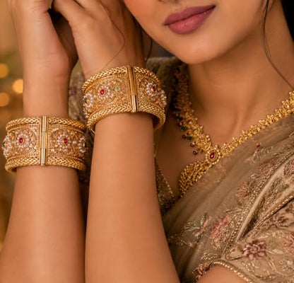Efulgenz Indian Bridal Wedding Bollywood Big Broad Bracelet Bangle Set - color: Gold, size: 2-4