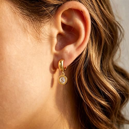 Gold Chunky Dangle Earrings for Women, Bezel Set Cubic Zirconia Charm | 14K Gold Silver Plated, Statement Huggie Hoops Drop Earrings, Trendy Jewelry Gifts, High Grade CZ, Hypoallergenic Lightweight - color: GD-Round CZ Hoop
