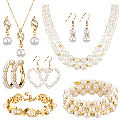Bonuci 12 Pcs Women Pearl Jewelry Set Pearl Necklace Bracelet Earrings with Rhinestone for Wedding Birthday Bridal Tea Party - style: Noble Style