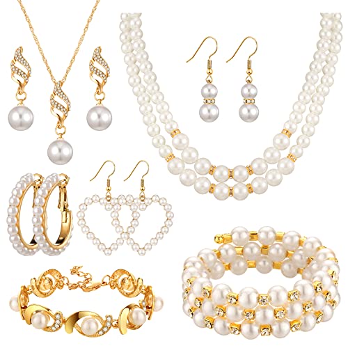 Bonuci 12 Pcs Women Pearl Jewelry Set Pearl Necklace Bracelet Earrings with Rhinestone for Wedding Birthday Bridal Tea Party - style: Noble Style