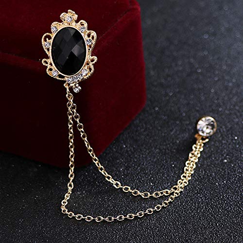 Men's Gem Tassel Brooch Lapel Pin Elegant Badge Hanging Chains Collar Brooches Pin for Career Suit Tuxedo of Shirts Tie Hat Scarf for Boyfriend Father Birthday - style: Gold with Black Crystal