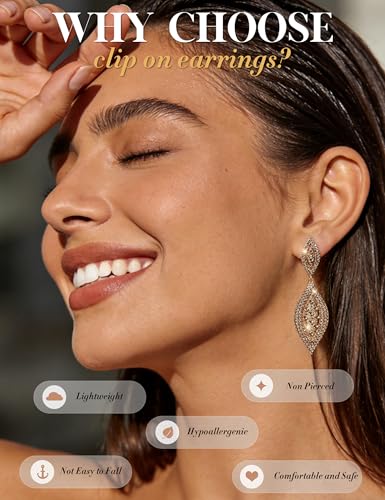 THUNARAZ Clip on Earrings for Women Non Pierced Glitter Rhinestone Crystal | Clip-On Earrings, Wedding Bridal Earrings, Non Pierced Ears, Dangle Earrings, Fake Earrings, Fashion Jewelry - color: Gold