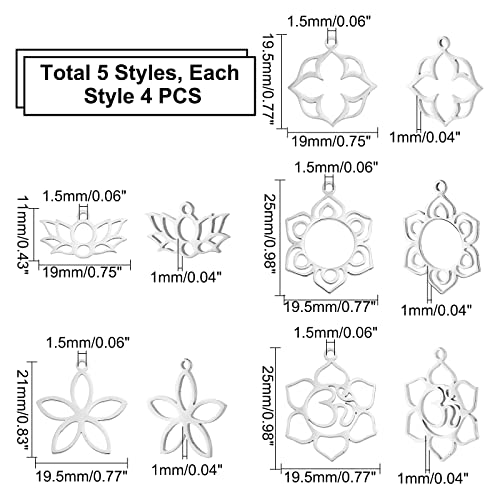 UNICRAFTALE 20pcs 5 Styles Flower Hollow Charm Open Back Bezel Pendants Stainless Steel Frame Charms Dangle Charms Yoga OM Lotus for Resin Pressed Flower Lucky Amulet Pendants for Jewelry Making | Stainless Steel Laser Cut Frame With Lotus Flower Styles,R