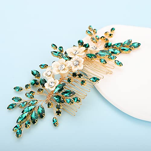 Bridal White Flower Green Crystal Rhinestone Hair Comb for Bride Bridesmaid Sliding side Headpieces Wedding Hair Accessories for Women and Girls (Green) - color: Green