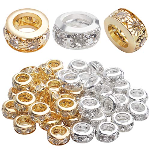 Large Hole Rhinestone Spacer Beads, 40pcs 10mm Crystal Pave Brass Rondelle Beads Fit European Bracelet Snake Chain Jewelry DIY - color: Gold&Silver, size: 10MM