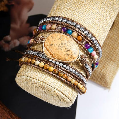 Women Wrap Bracelet Boho Natural Jasper Crystal Stone Beads Strand Bracelets - color: Style 09-Picture Stone