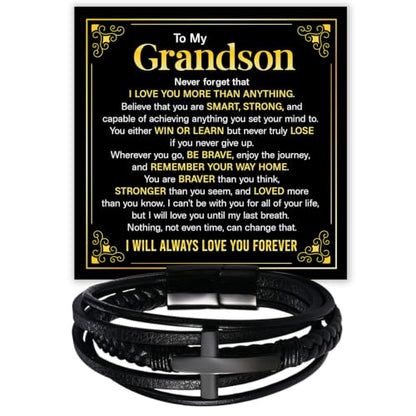 To My GrandSon Bracelet – Cross Braided Leather Bracelet, Meaningful GrandSon Gift from Grandpa & Grandma with Heartfelt Message Card & Elegant Gift Box for Birthday, Christmas, Graduation - color: Version#2