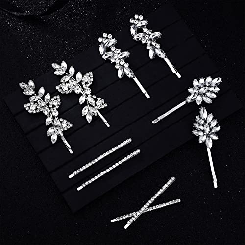Janinka 10 Pieces Rhinestone Wedding Hair Clips Bridal Crystal Bobby Pins Silver Barrette Leaf Flower Wedding Elegant Hair Accessories for Bride Women and Girls(Rhinestone Style) - color: Rhinestone style
