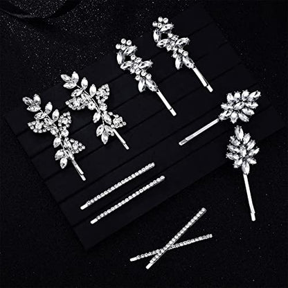 Janinka 10 Pieces Rhinestone Wedding Hair Clips Bridal Crystal Bobby Pins Silver Barrette Leaf Flower Wedding Elegant Hair Accessories for Bride Women and Girls(Rhinestone Style) - color: Rhinestone style