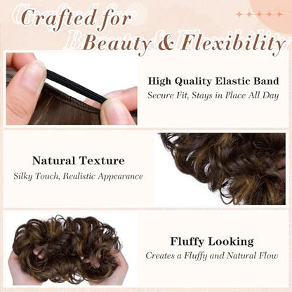 2PCS Messy Bun Hair Pieces Synthetic Hairpieces For Women | Messy Bun and Donut Bun in one set for natural-looking volume and elegant updos for every occasion. - color: Dark Brown Mixed Light Brown